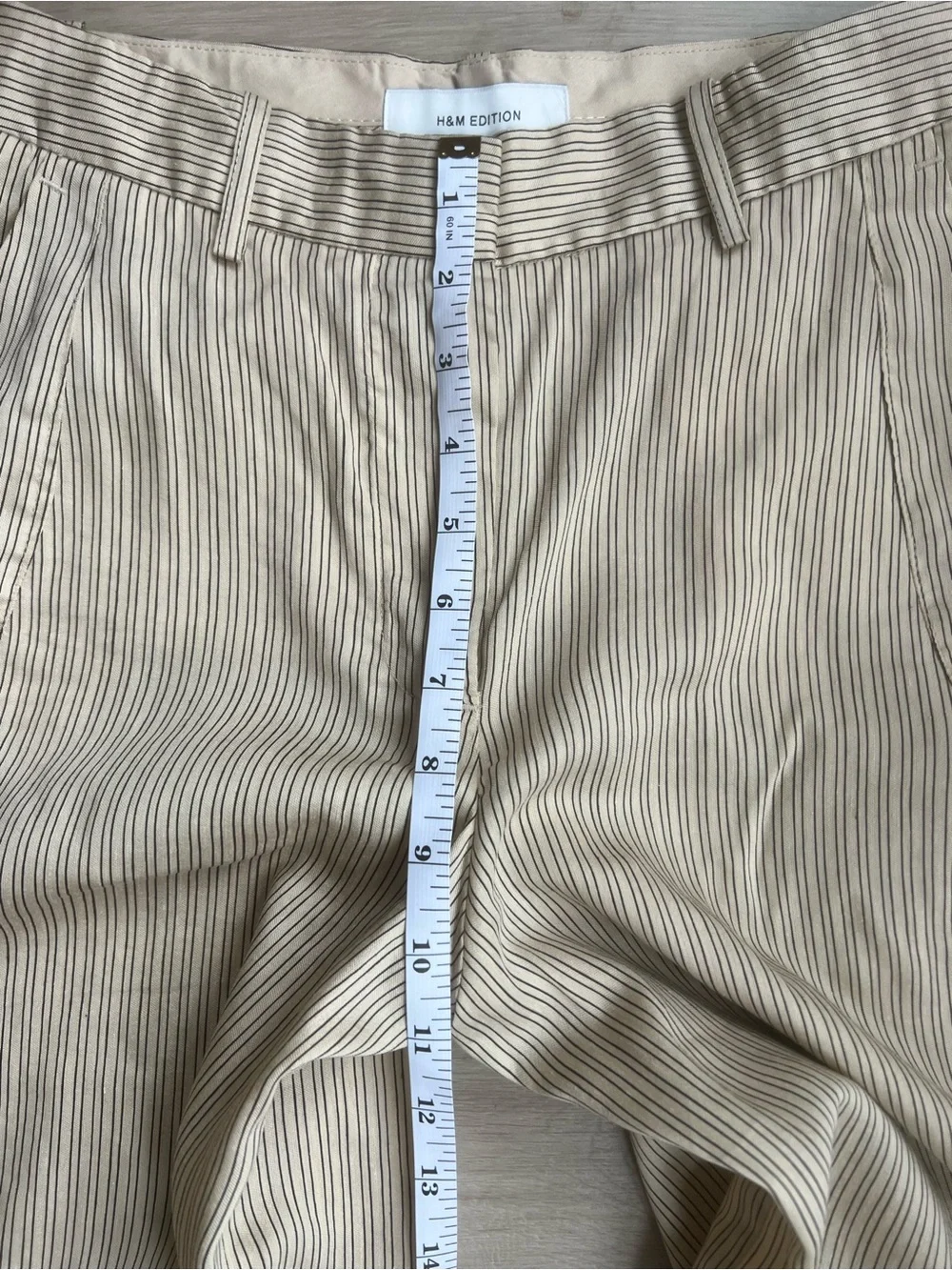 H&M EDITION Linen Blend Barrel Leg Pants Beige Black Striped Baggy